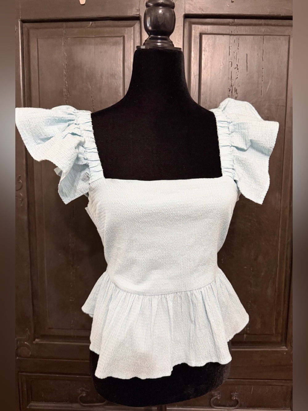 Mi Ami Baby Blue Textured peplum tank top with ruffled straps & square neck- Med